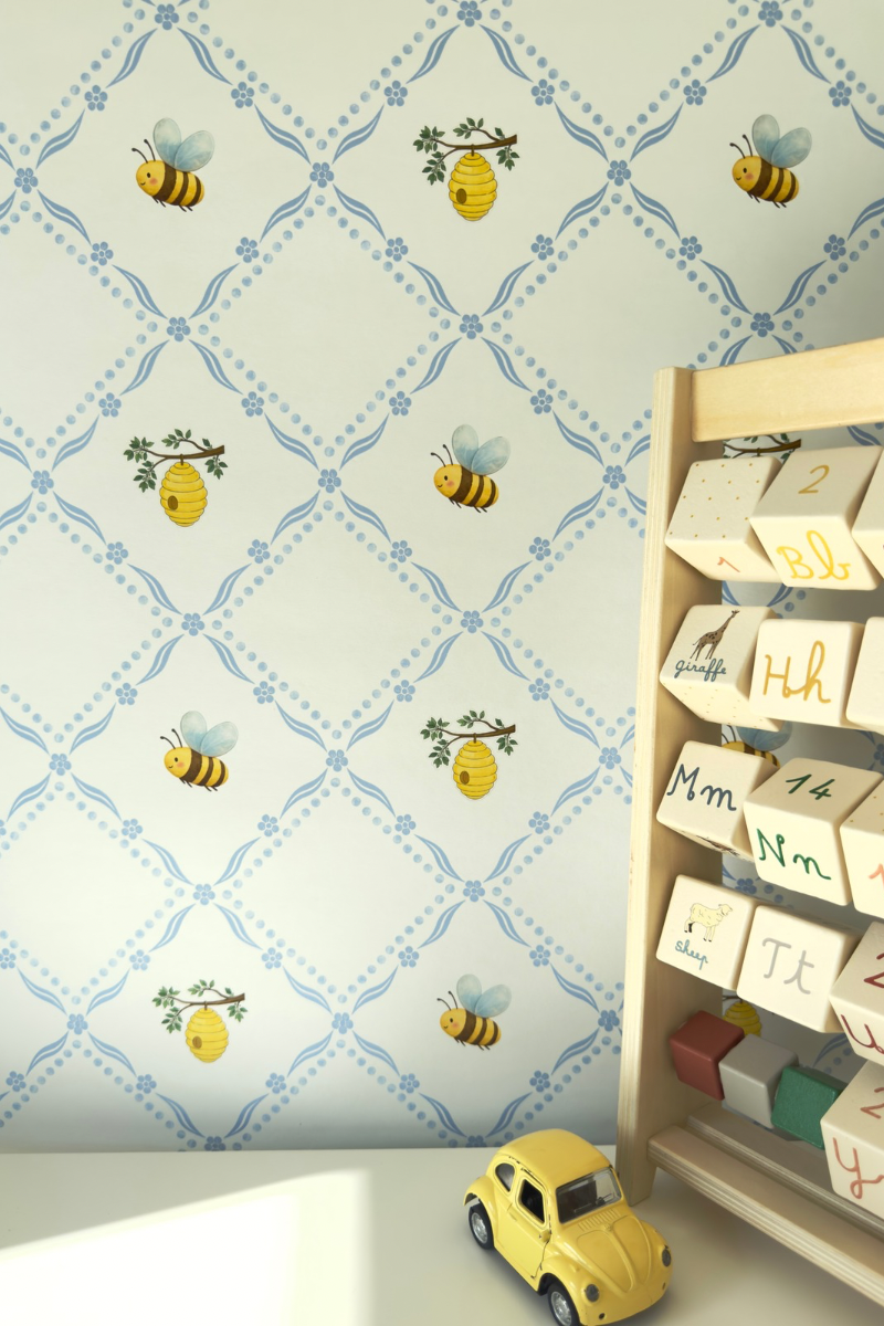 Honey Bee Cottage Wallpaper – Soft Blue Nursery Wallpaper | Vintage Bee & Beehive Peel and Stick Baby Boy Wallpaper