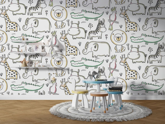 Animal Drawings Kids Room Wallpaper