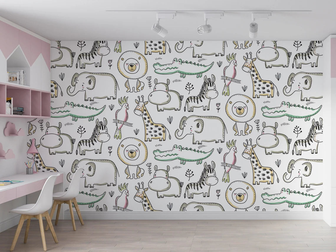 Animal Drawings Kids Room Wallpaper