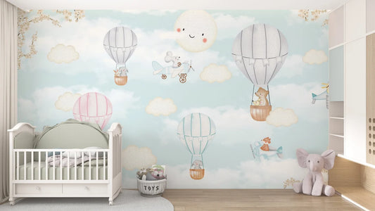 Cute Animals Hot Air Balloons Kids Room Wallpaper