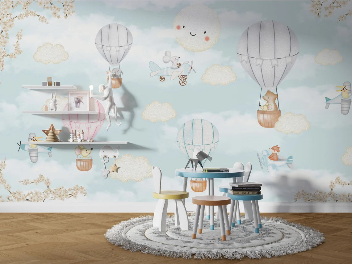 Cute Animals Hot Air Balloons Kids Room Wallpaper