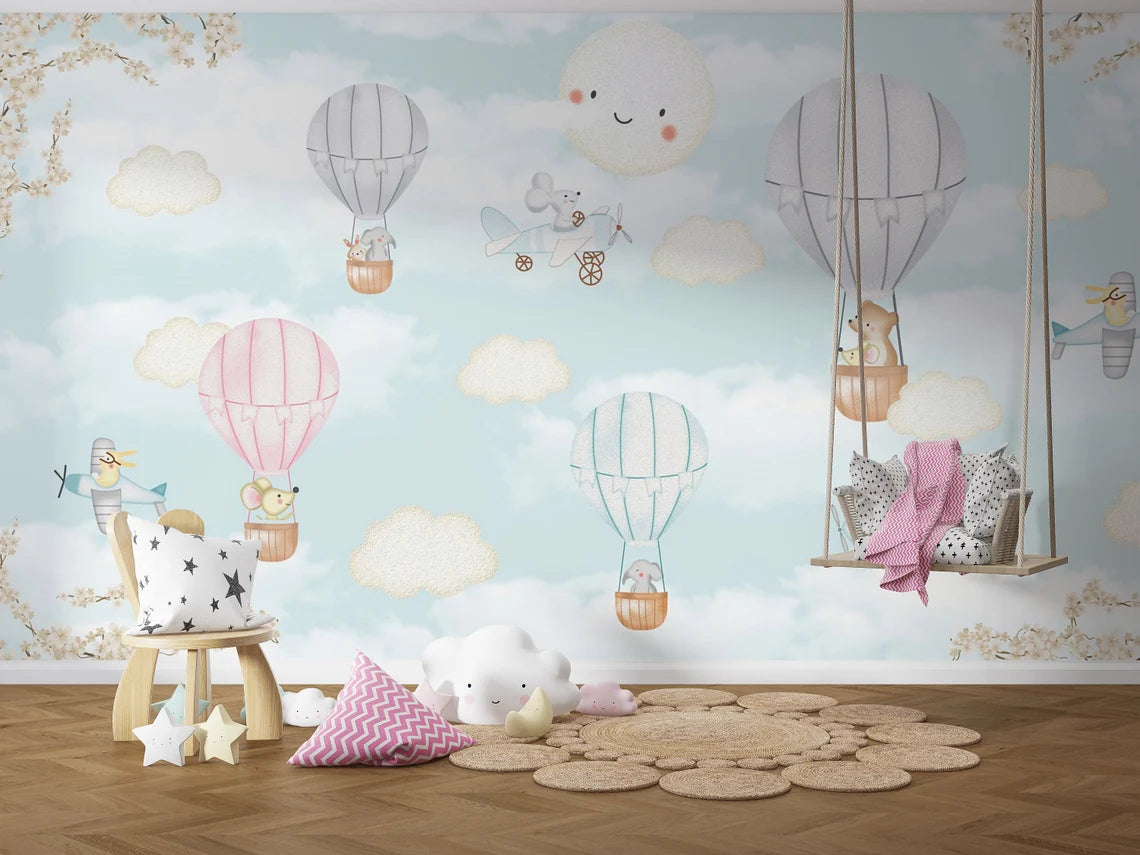 Cute Animals Hot Air Balloons Kids Room Wallpaper