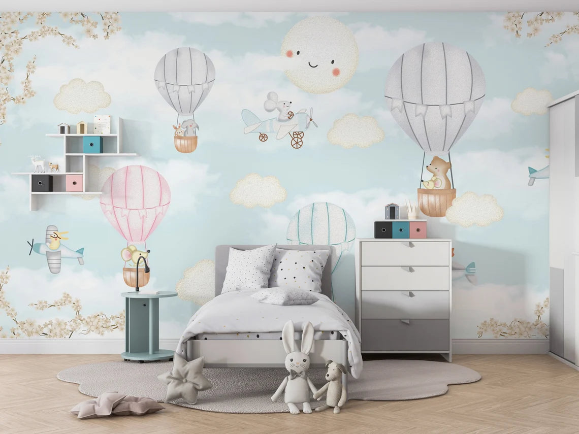 Cute Animals Hot Air Balloons Kids Room Wallpaper