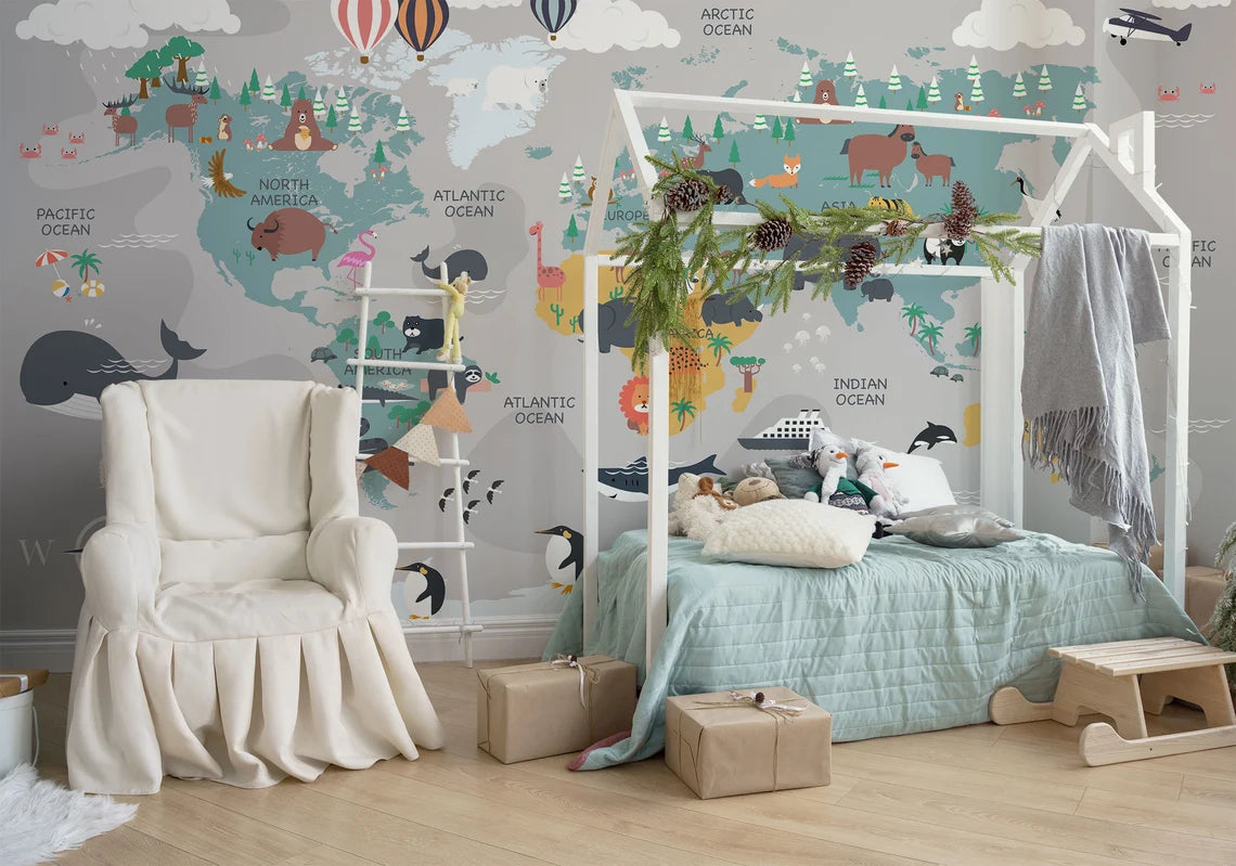 Cute Animals World Map Wallpaper