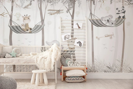 Cute Animals on Hammock Nursery Wallpaper