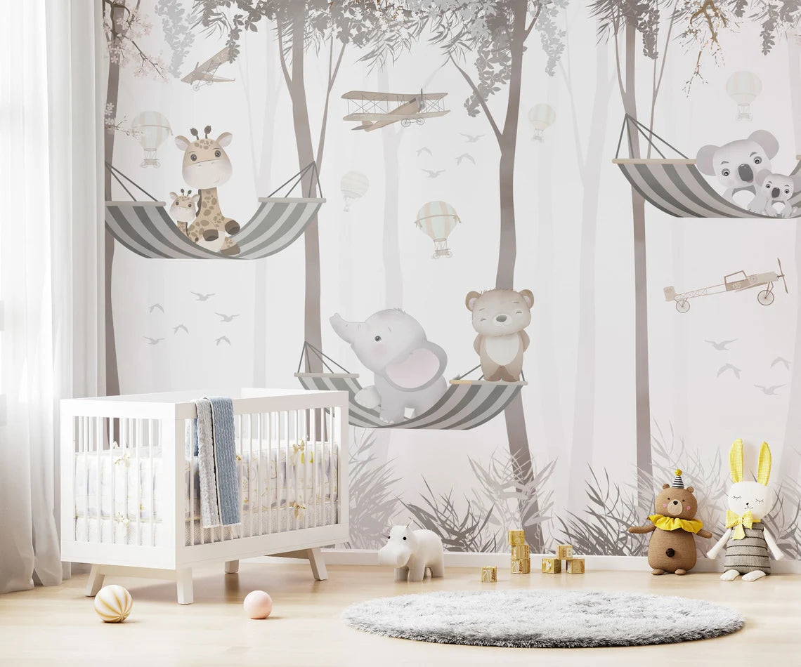Cute Animals on Hammock Nursery Wallpaper