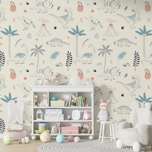 Kids Dino with Plants and Trees Wallpaper