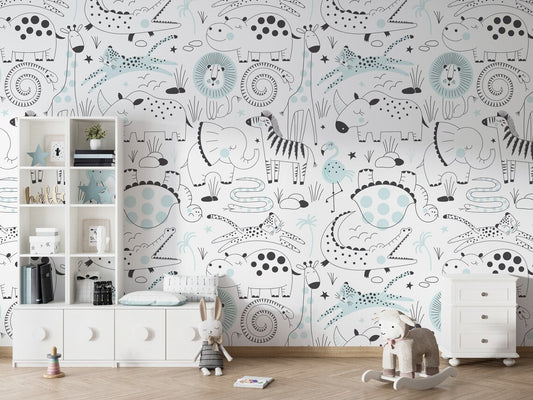 Kids Little Safari Animals Wall Wallpaper