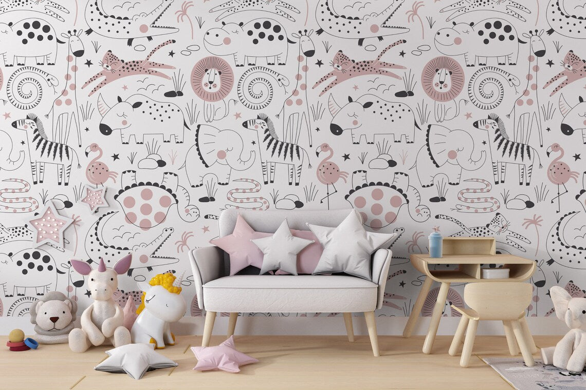 Kids Little Safari Animals Wall Wallpaper