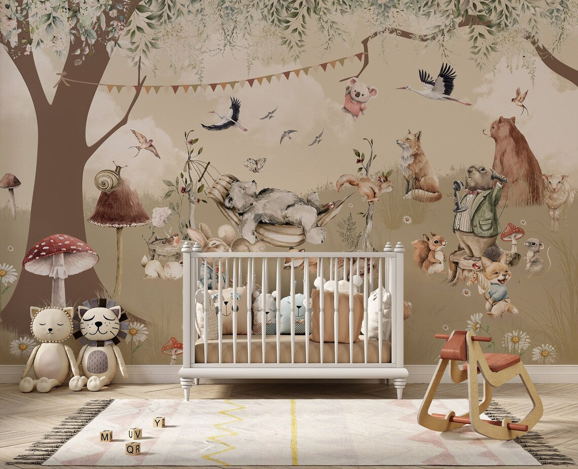 Kids Woodland Pastel Forest Animals Wallpaper