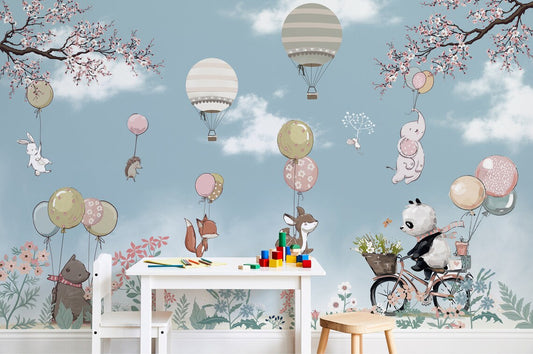 Kids Flying Animals Hot Air Balloon Wallpaper