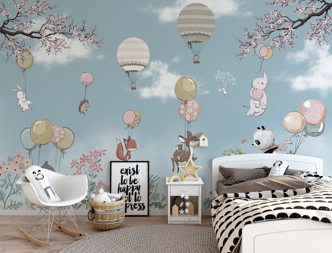 Kids Flying Animals Hot Air Balloon Wallpaper