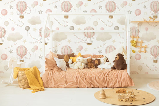 Kids Wallpaper with Air Balloons and Clouds in Cute Soft Colors Wallpaper