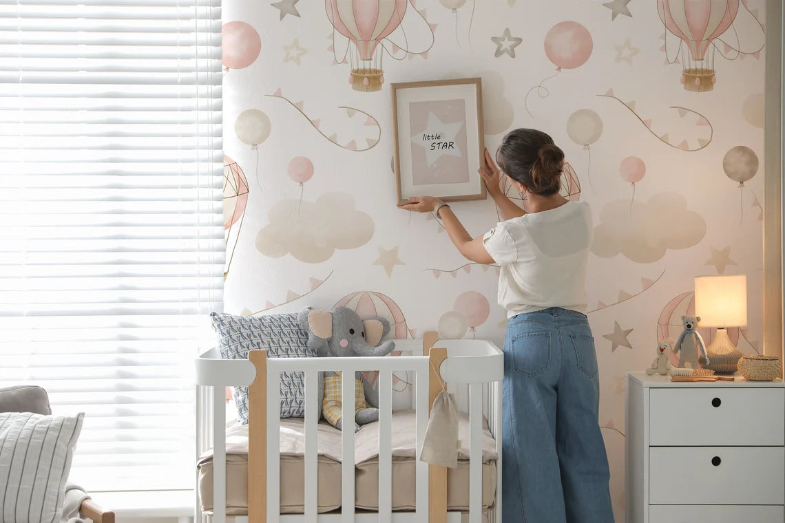 Kids Wallpaper with Air Balloons and Clouds in Cute Soft Colors Wallpaper