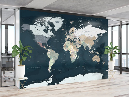 Navy Blue Dark World Map Office Wallpaper