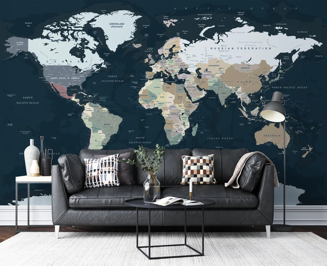 Navy Blue Dark World Map Office Wallpaper