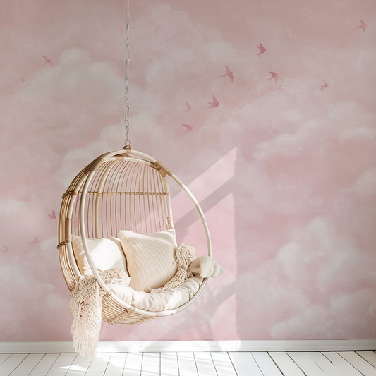 Pink Cloud & Birds Baby Girl Wallpaper | Watercolor Kids Wall Mural