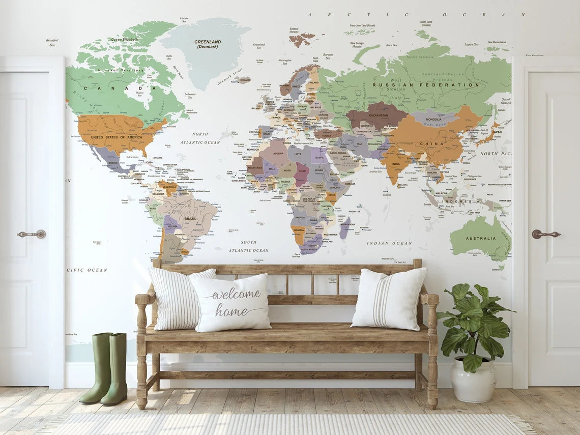 Political World Map Wallpaper Peel and Stick Soft Map Wall Murals