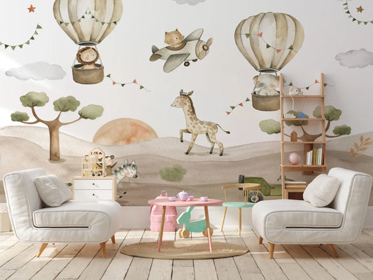 Watercolor Safari Animals Kids Wallpaper