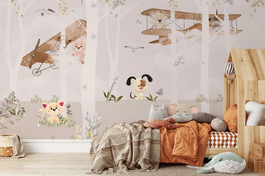 Watercolor with Cute Animals in the Forest Wallpaper