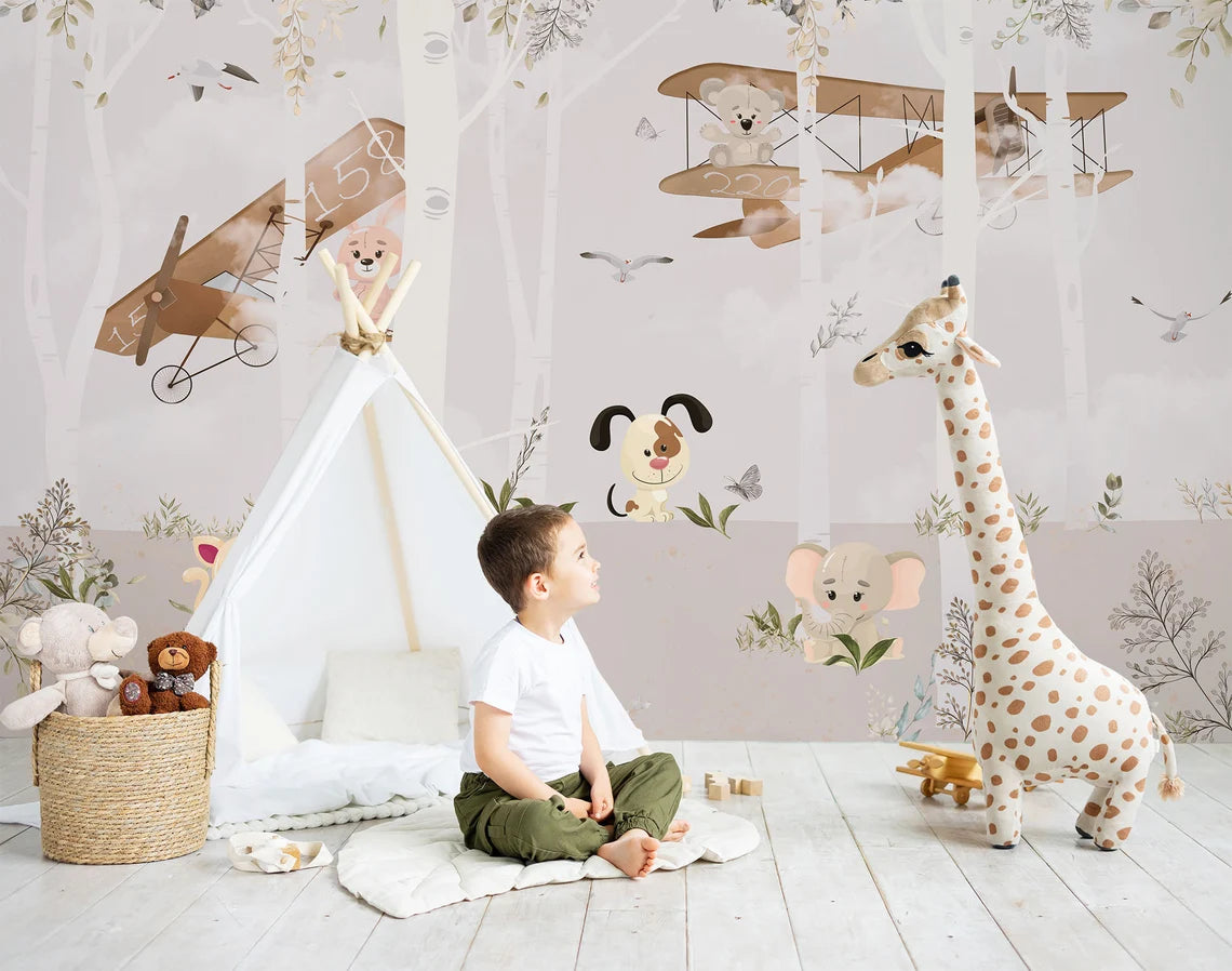 Watercolor with Cute Animals in the Forest Wallpaper