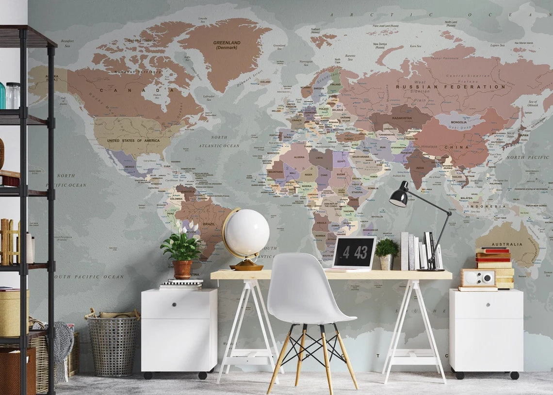 World Map Wallpaper Peel and Stick Gray Political Map Wall Mural