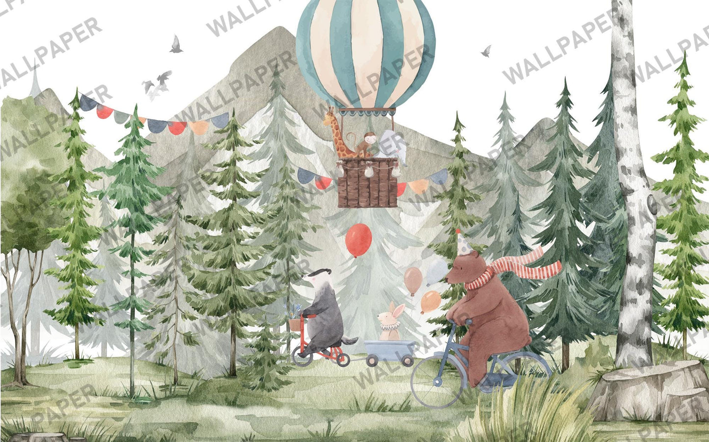 Party in the Forest Wallpaper For Kidsroom, Trees Wallpaper Nursery , Nature Childrens Wallpaper , Peel and Stick Wall Mural, Baby Wallpaper