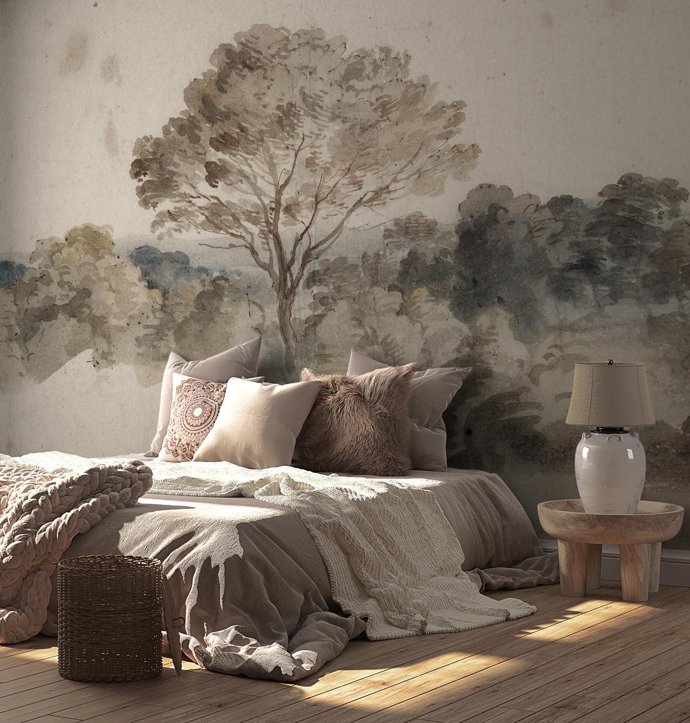 Romantic Brown Forest Watercolor Wallpaper, Trees Wallpaper, Bohemian Wall Mural, Peel and Stick Wallpaper, Stylish Room Design, Wall Design