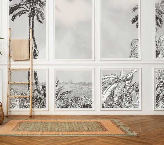 Black and White Linear Tropical Wallpaper, Gray Wallpaper, Palm Wall Mural, Peel and Stick Wallpaper, Stylish Room Design, Wall Design