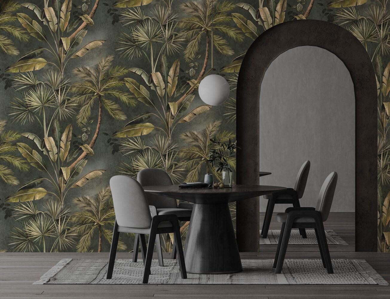 Dark Green Palm Trees And Banana Leaves Wallpaper, Bohemian Wallpaper, Leaf Mural, Peel and Stick Wallpaper, Stylish Room Design