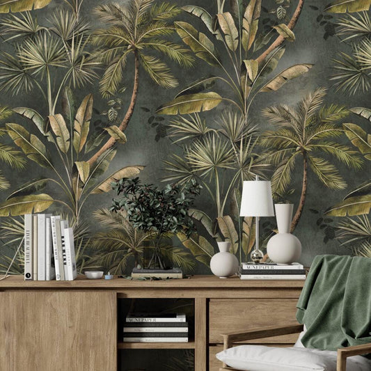 Dark Green Palm Trees And Banana Leaves Wallpaper, Bohemian Wallpaper, Leaf Mural, Peel and Stick Wallpaper, Stylish Room Design