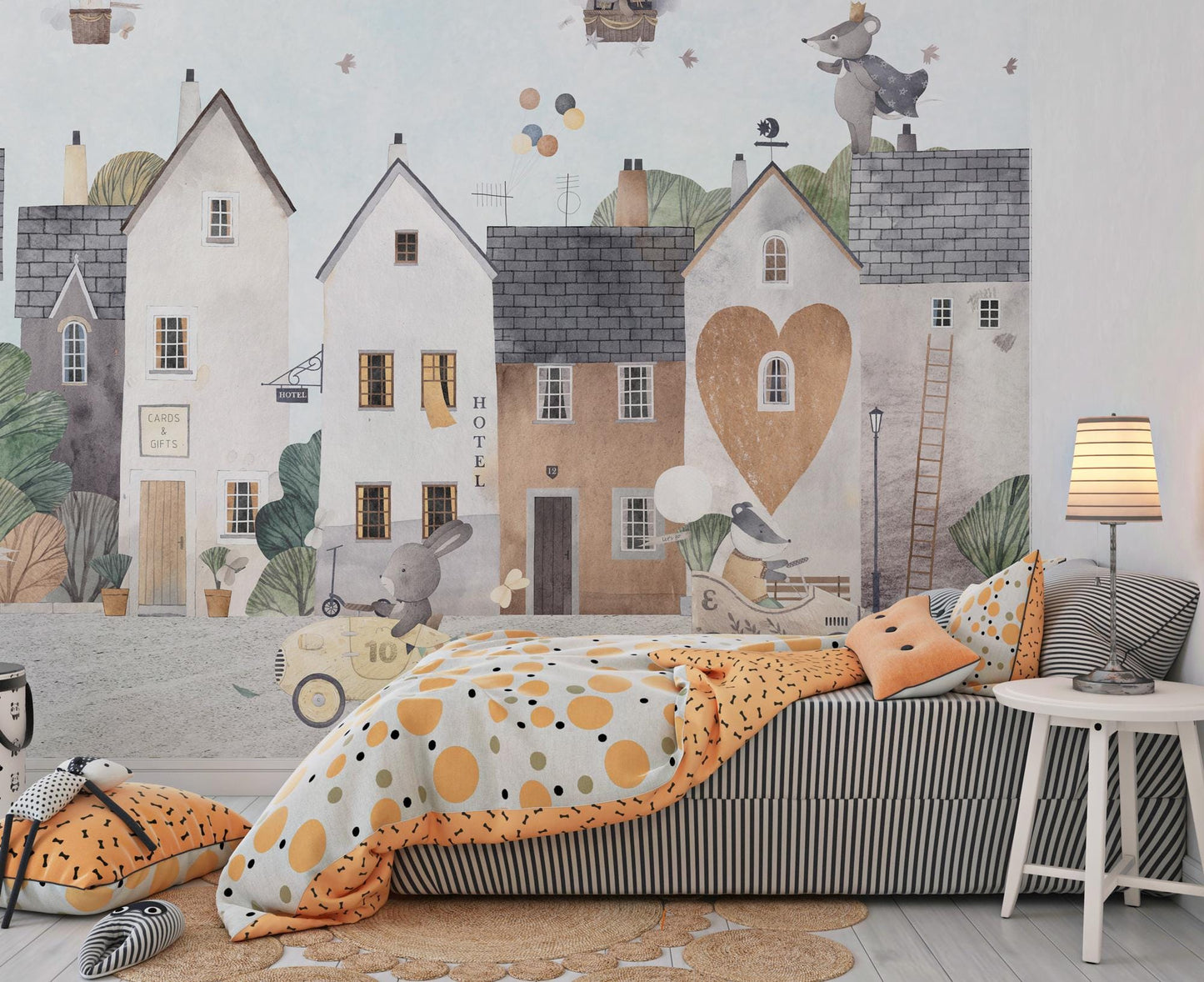 Lovely Town Wallpaper For Kidsroom, Watercolor Wallpaper Nursery, Childrens Wallpaper , Peel and Stick Wallpaper, Kids Room Design