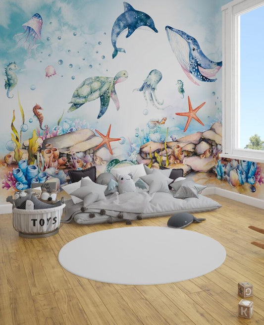 Whale and Octopus Underwater Wallpaper For Kidsroom, Sea Wallpaper Nursery, Childrens Wallpaper, Peel and Stick Wallpaper, Blue Wallpaper