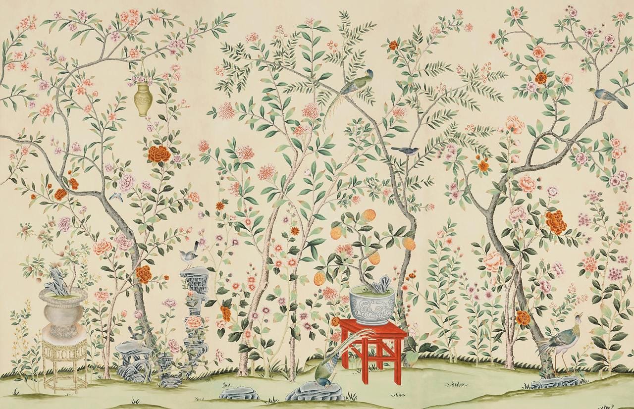 Rose Tree And Birds Beige Background Wallpaper, Trees Wallpaper, Romantic Wall Mural, Peel and Stick Wallpaper, Drawing Wallpaper