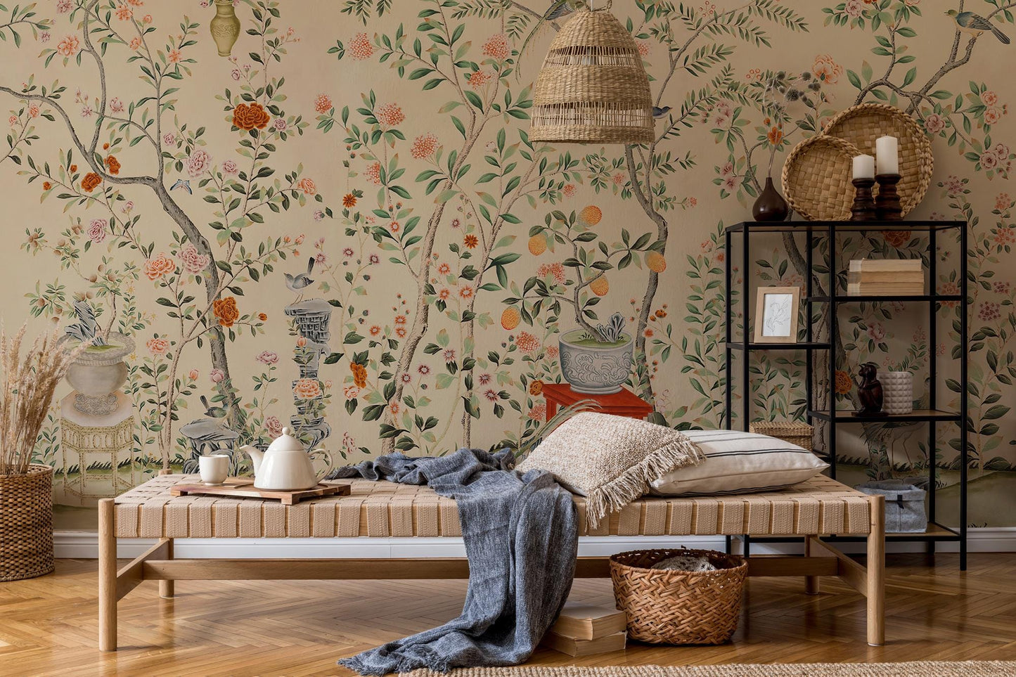 Rose Tree And Birds Beige Background Wallpaper, Trees Wallpaper, Romantic Wall Mural, Peel and Stick Wallpaper, Drawing Wallpaper