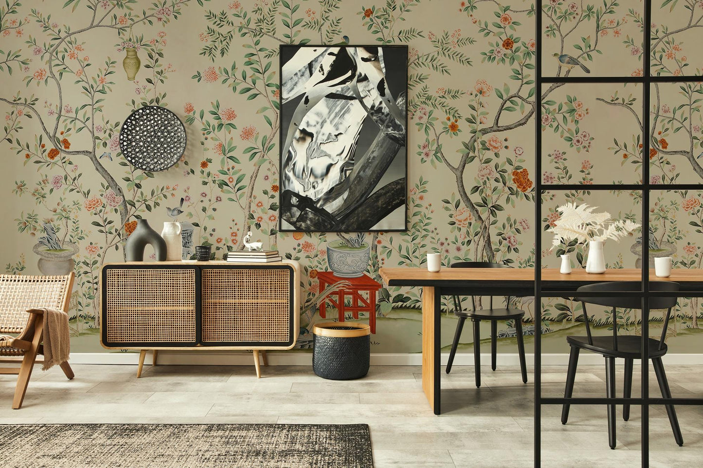 Rose Tree And Birds Beige Background Wallpaper, Trees Wallpaper, Romantic Wall Mural, Peel and Stick Wallpaper, Drawing Wallpaper
