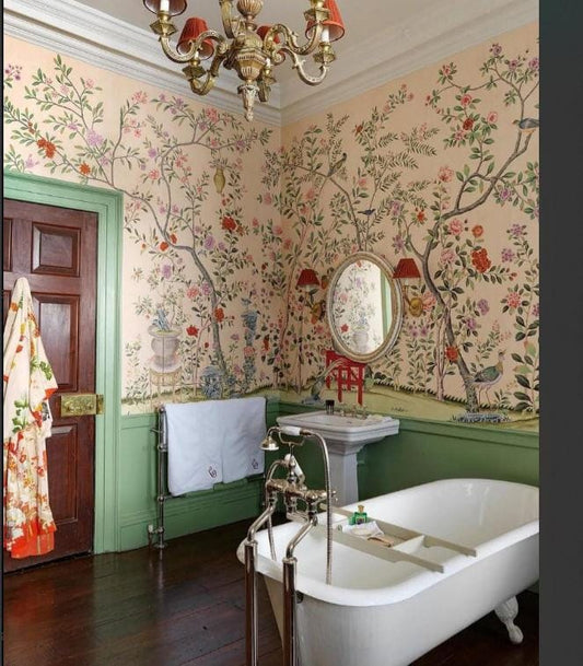 Rose Tree And Birds Beige Background Wallpaper, Trees Wallpaper, Romantic Wall Mural, Peel and Stick Wallpaper, Drawing Wallpaper