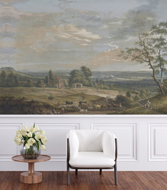 Village View In The Valley Wallpaper, Trees Wallpaper, Bohemian Mural, Painting Wallpaper, Peel and Stick Wallpaper, Nostalgic Wallpaper