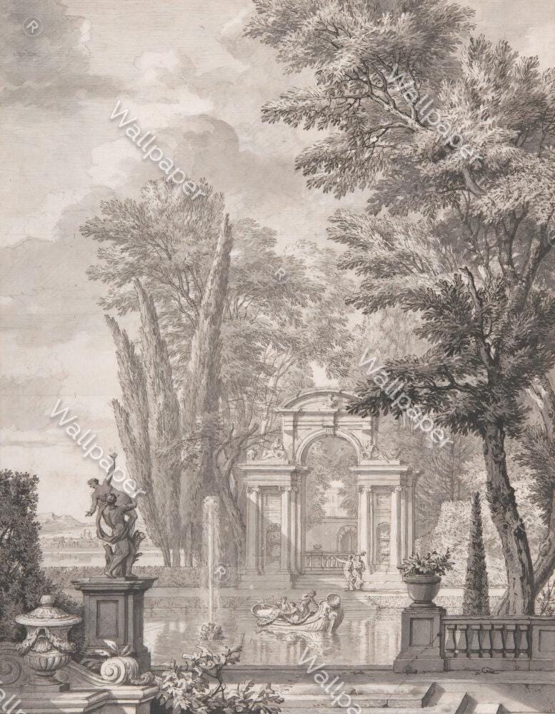 Water Party in Ancient Garden Wallpaper, Bohemian Wallpaper, Trees Mural, Peel and Stick Wallpaper, Antique Wallpaper, Nostalgic Wallpaper