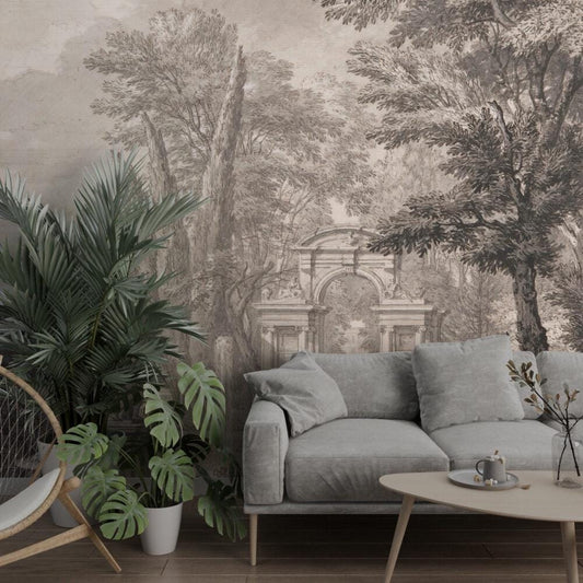 Water Party in Ancient Garden Wallpaper, Bohemian Wallpaper, Trees Mural, Peel and Stick Wallpaper, Antique Wallpaper, Nostalgic Wallpaper