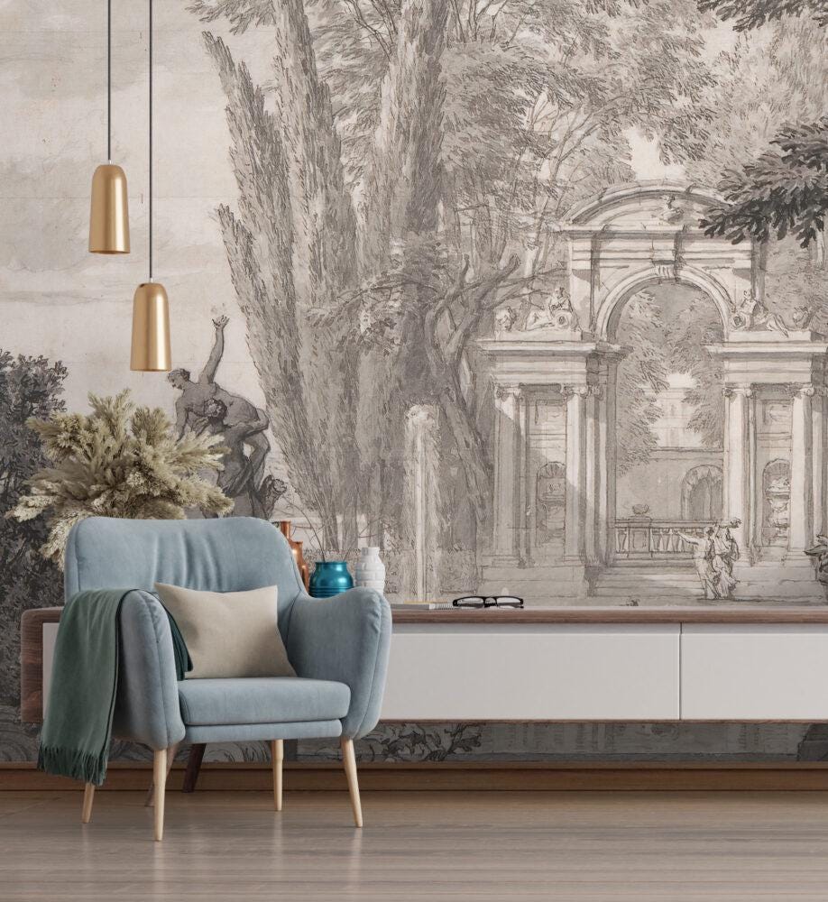 Water Party in Ancient Garden Wallpaper, Bohemian Wallpaper, Trees Mural, Peel and Stick Wallpaper, Antique Wallpaper, Nostalgic Wallpaper