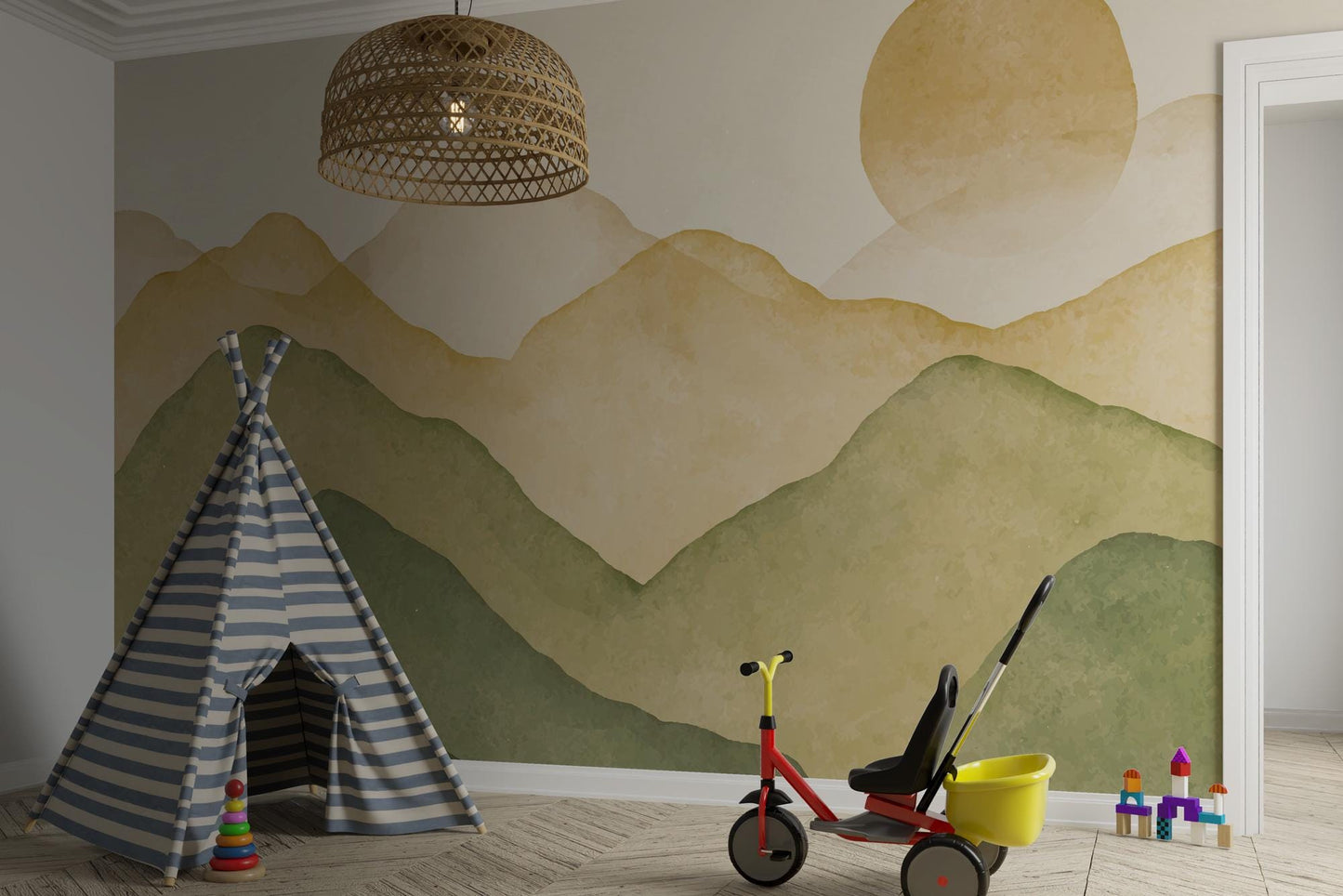 Mountain landscape in boho colors Wallpaper For Kidsroom, Wallpaper Nursery, Child Wallpaper, Peel and Stick Wallpaper, Watercolor Wallpaper