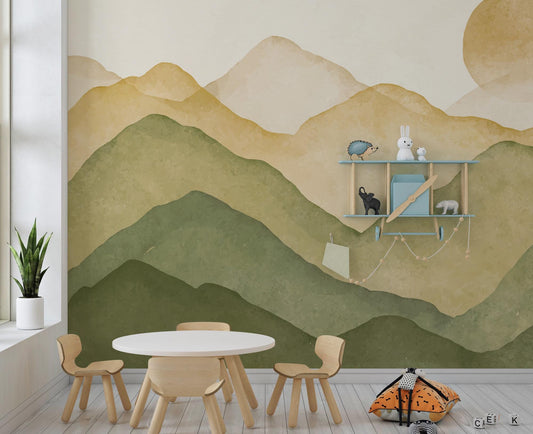Mountain landscape in boho colors Wallpaper For Kidsroom, Wallpaper Nursery, Child Wallpaper, Peel and Stick Wallpaper, Watercolor Wallpaper