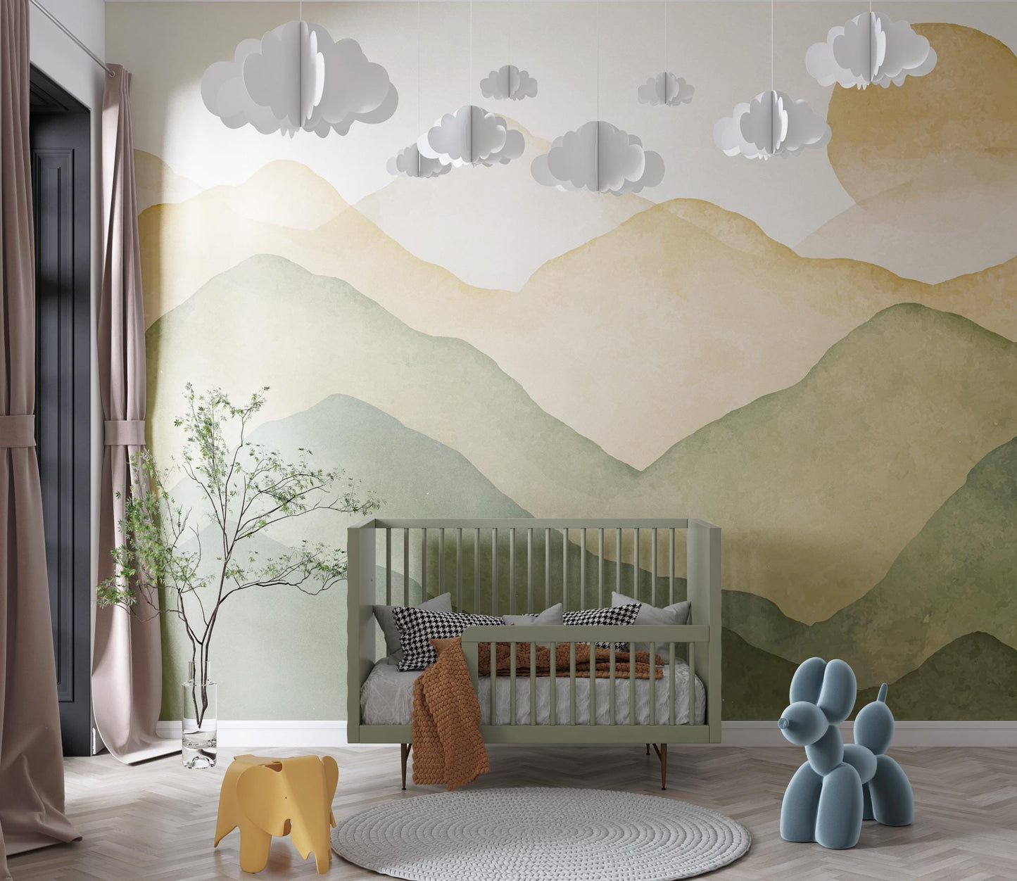 Mountain landscape in boho colors Wallpaper For Kidsroom, Wallpaper Nursery, Child Wallpaper, Peel and Stick Wallpaper, Watercolor Wallpaper