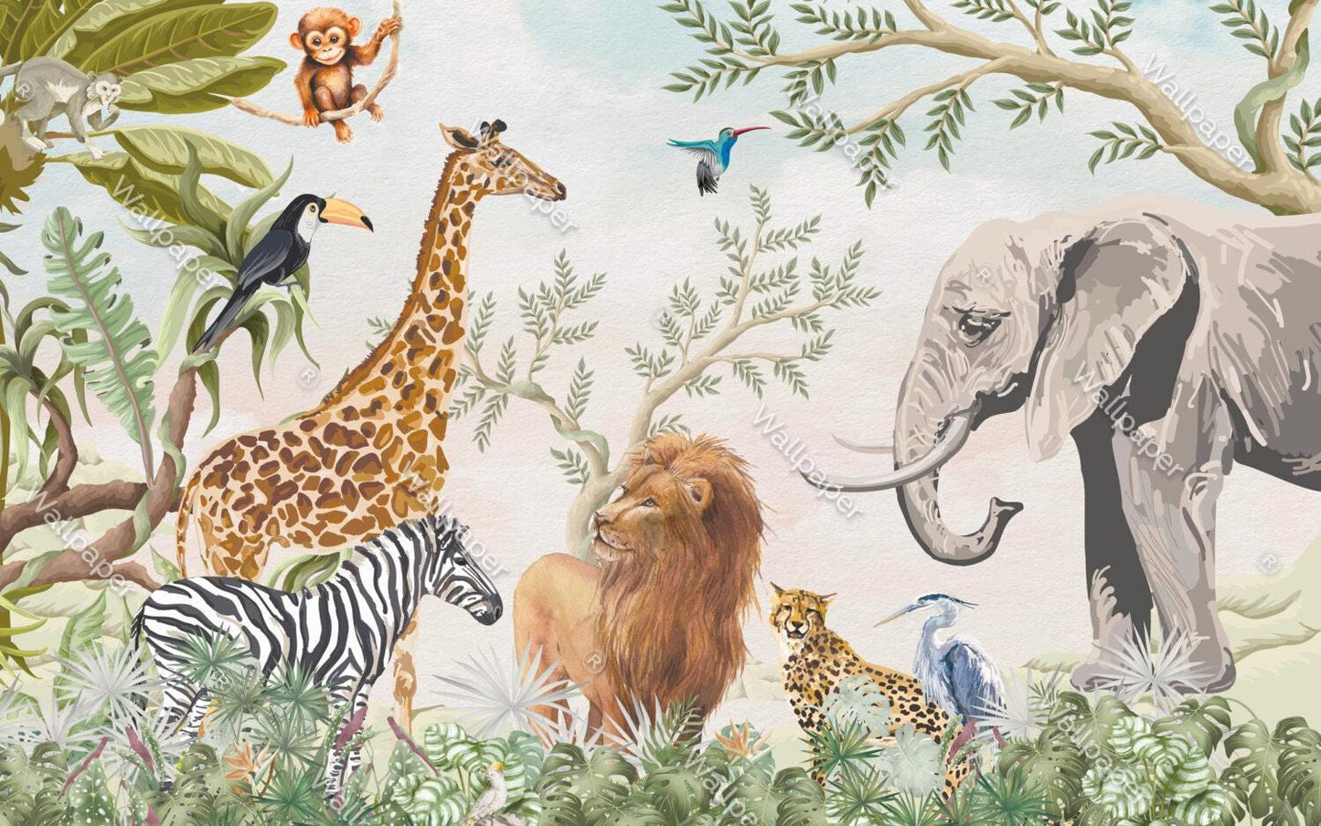 Animal Kingdom Wallpaper For Kidsroom, Childrens Wallpaper , Peel and Stick Wall Mural Nursery, Wide Animals Wallpaper, Jungle Wallpaper