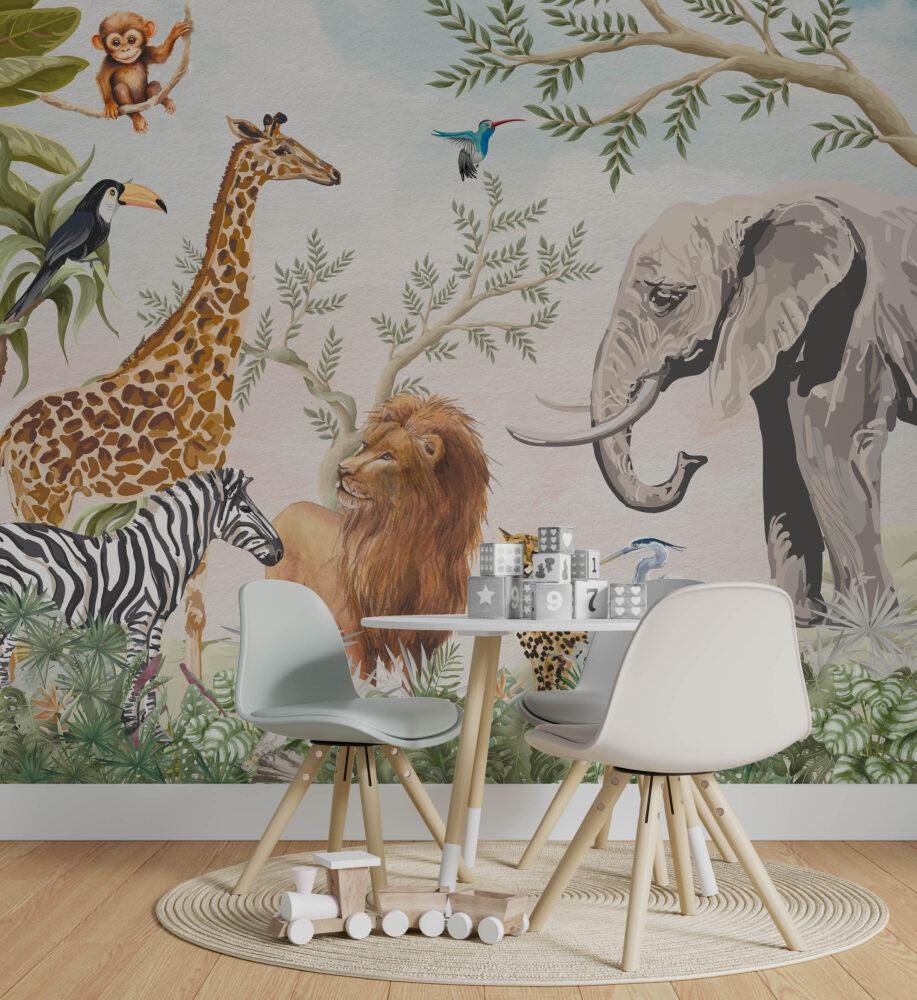 Animal Kingdom Wallpaper For Kidsroom, Childrens Wallpaper , Peel and Stick Wall Mural Nursery, Wide Animals Wallpaper, Jungle Wallpaper