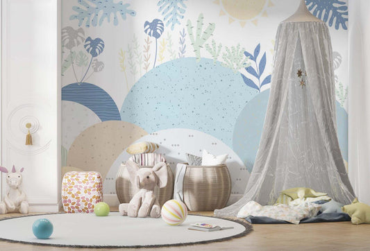 Blue Abstract Mountains and Leaves Wallpaper For Kidsroom, Wallpaper Nursery, Child Wallpaper, Peel and Stick Wallpaper, Blue Wallpaper