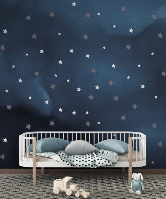 Sky And Star Pattern Wallpaper For Kidsroom, Wallpaper Nursery, Child Wallpaper, Peel and Stick Baby Wallpaper, Navy Blue Wallpaper