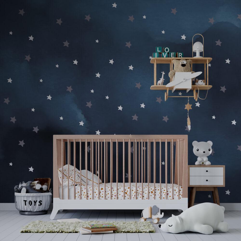 Sky And Star Pattern Wallpaper For Kidsroom, Wallpaper Nursery, Child Wallpaper, Peel and Stick Baby Wallpaper, Navy Blue Wallpaper