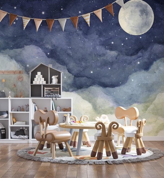 Watercolor Moonlight full moon wallpaper For Kidsroom, Wallpaper Nursery, Child Wallpaper, Peel and Stick Baby Wallpaper, Blue Sky Wallpaper